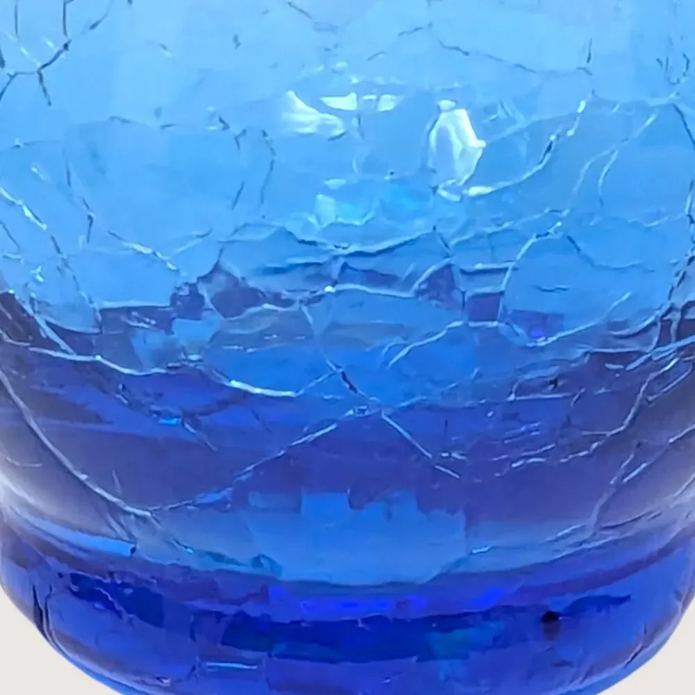 1960s Cobalt Blue Crackle Glass Mini Basket Clear Handle